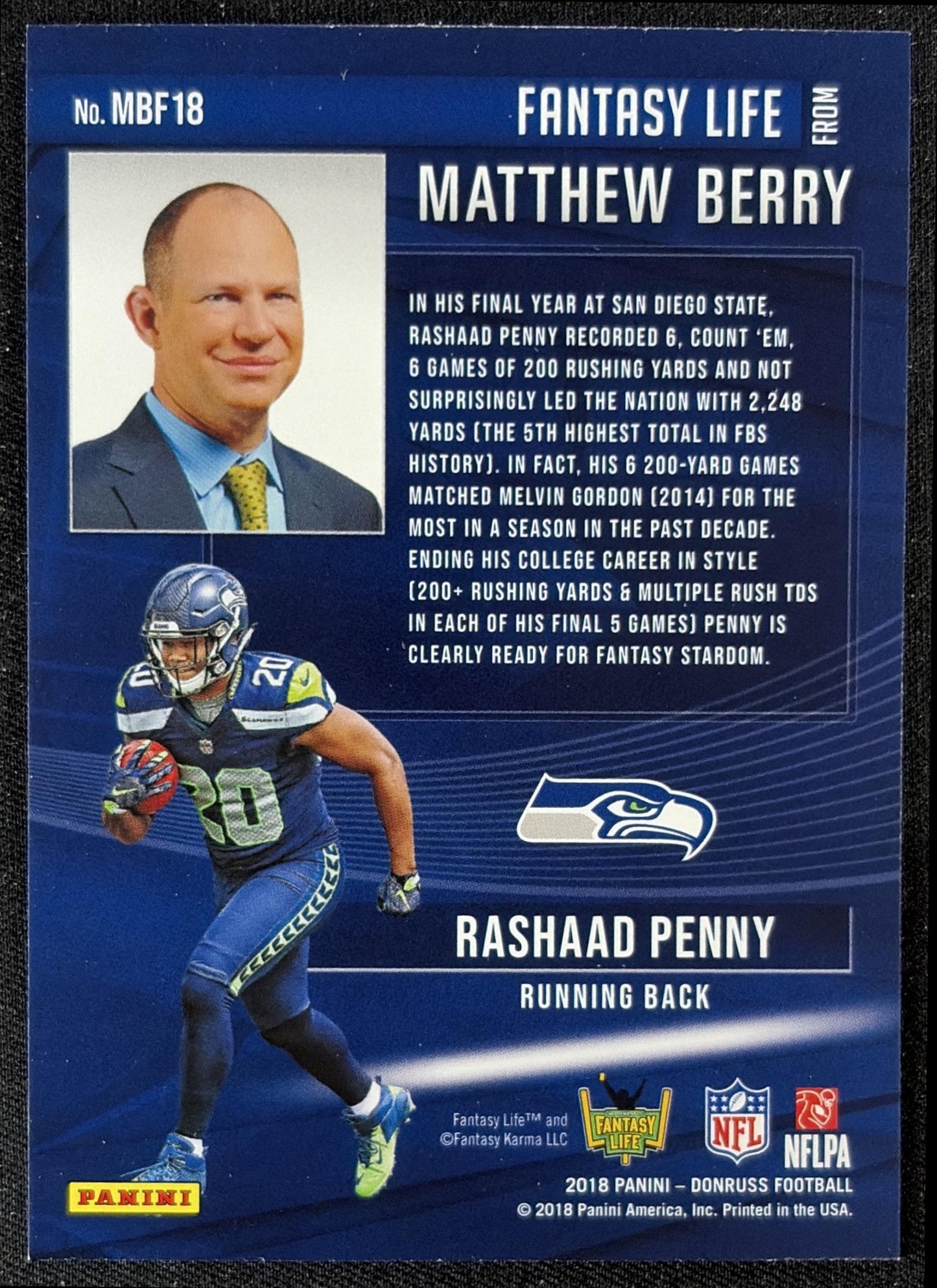 Rashaad Penny 2018 Panini Donruss Matthew Berry's Fantasy Life Seahawks