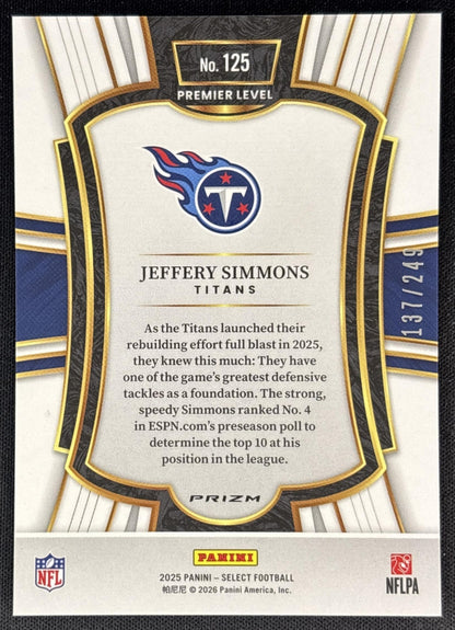 Jeffery Simmons 2025 Panini Select Premier Level Red Prizm Shock /249 Titans back