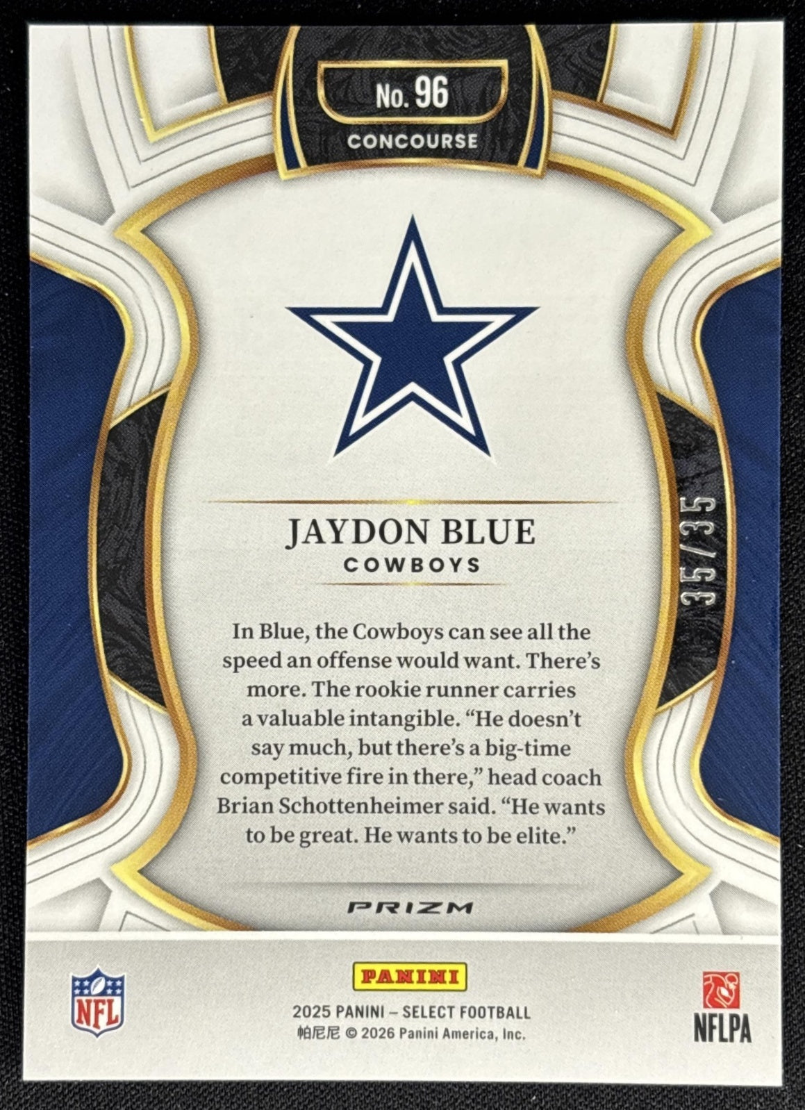 Jaydon Blue 2025 Panini Select Concourse and Orange Prizm Shock /35 Cowboys