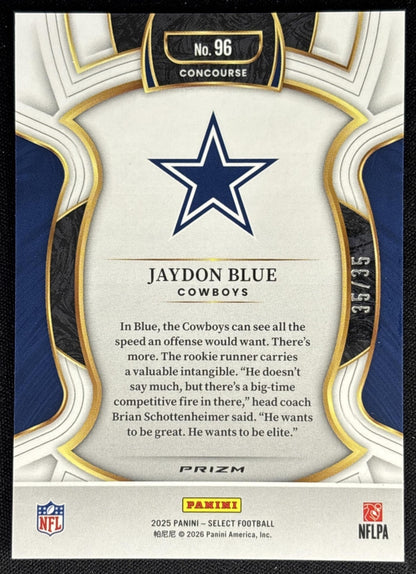 Jaydon Blue 2025 Panini Select Concourse and Orange Prizm Shock /35 Cowboys