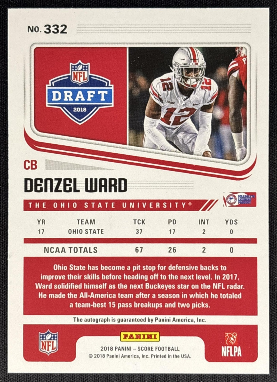 Denzel Ward 2018 Panini Score Rookie Auto Gold Zone /50 Buckeyes Sports Trading Cards