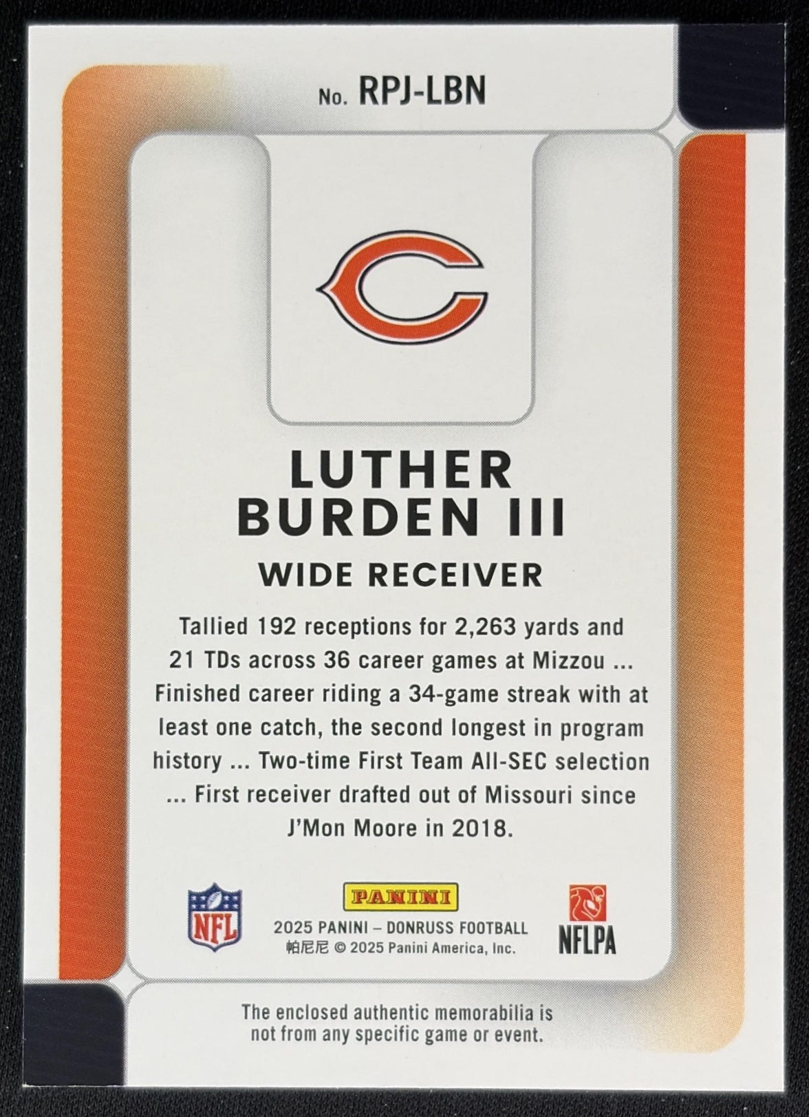Luther Burden III 2025 Panini Donruss Rookie Phenom Jerseys Bears Back