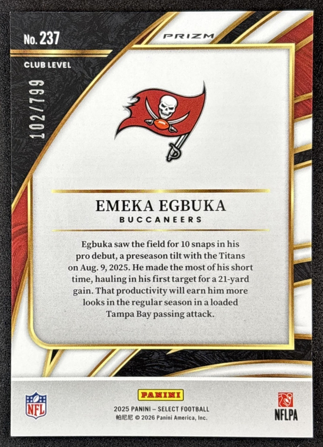 Emeka Egbuka 2025 Panini Select Club Level White Prizm Shock /799 Buccaneers