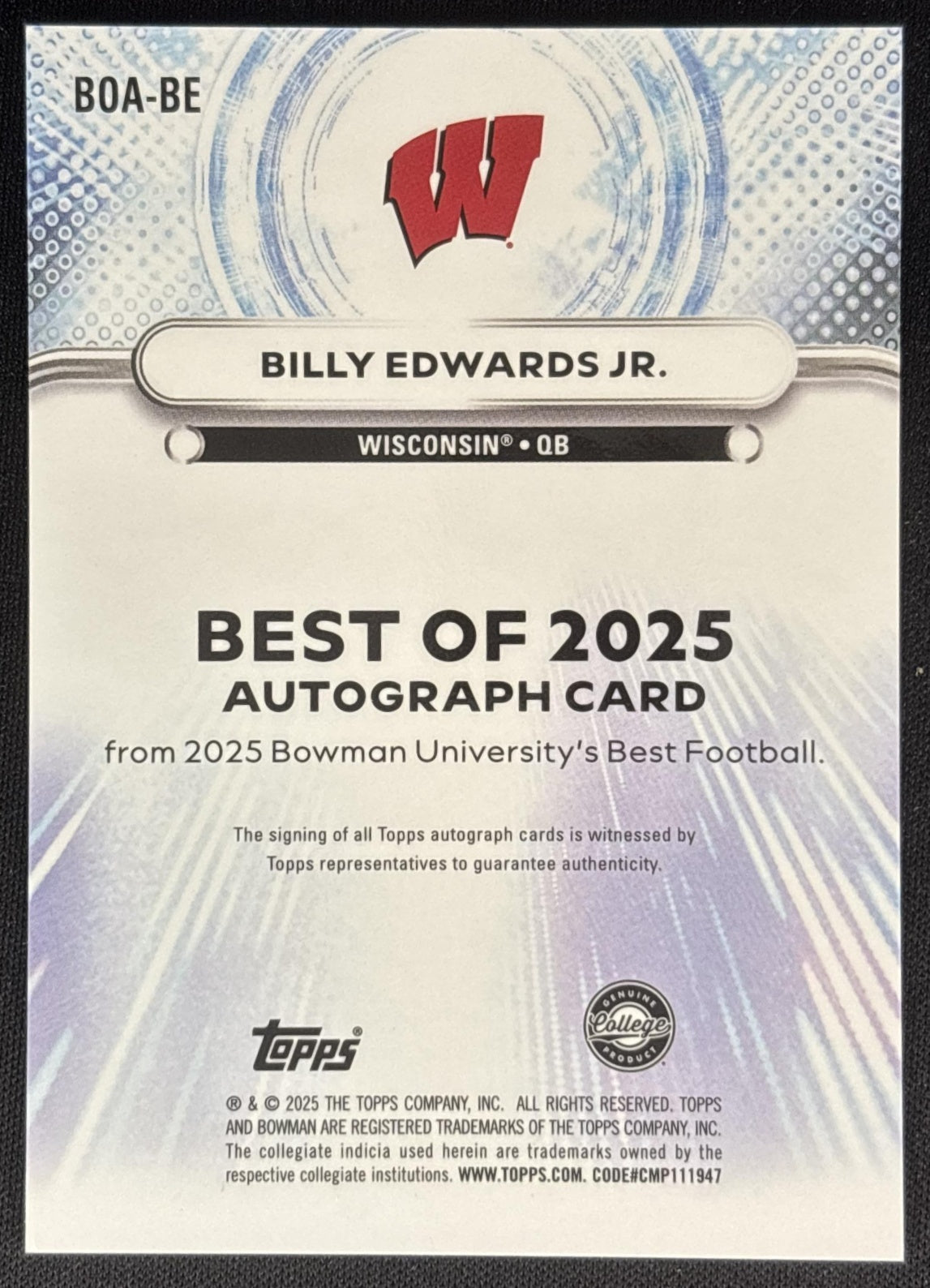 Billy Edwards Jr. 2025 Best University The Best of Auto Blue Refractor /150 Badgers Sports Trading Cards