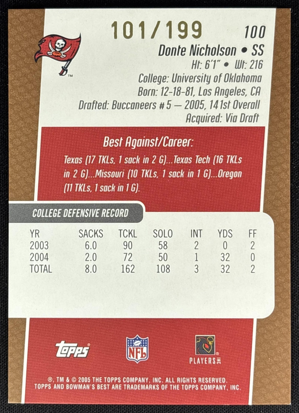 Donte Nicholson 2005 Bowman's Best Bronze /199 Buccaneers Sports Trading Cards