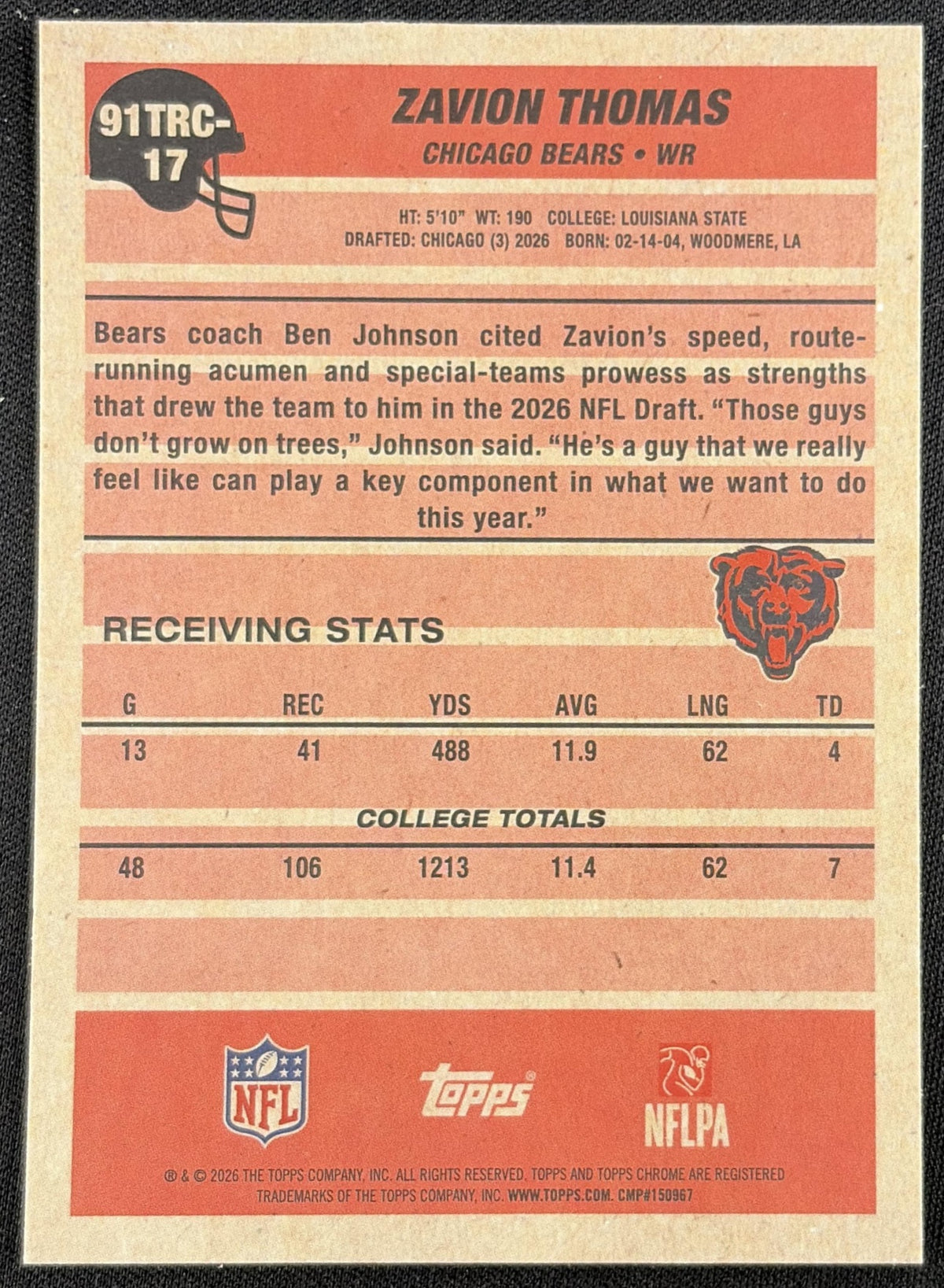 Zavion Thomas 2026 Topps 1991 Chrome Rookie Mojo Refractor Bears back