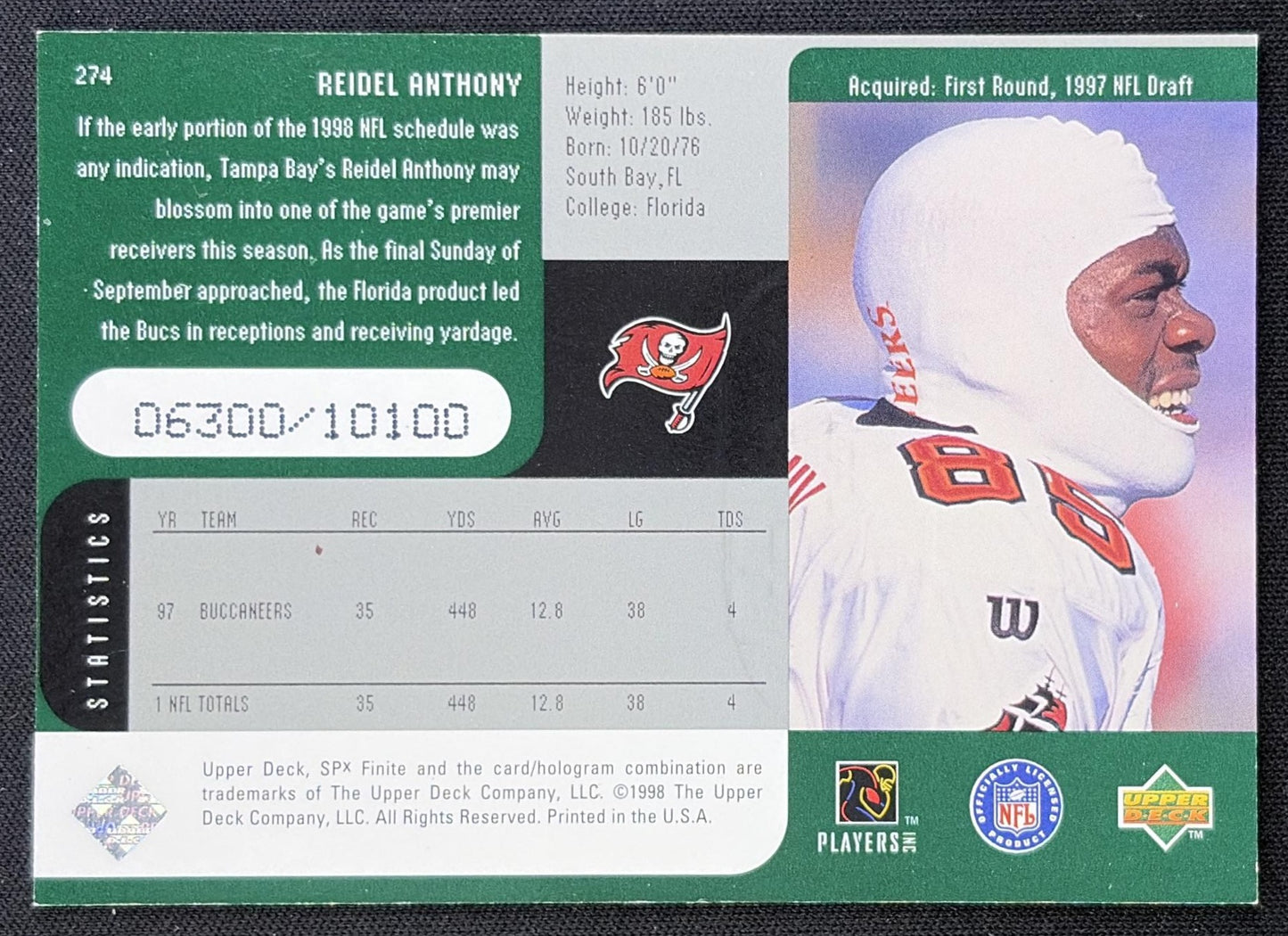 Reidel Anthony 1998 SPx Finite /10100 Buccaneers