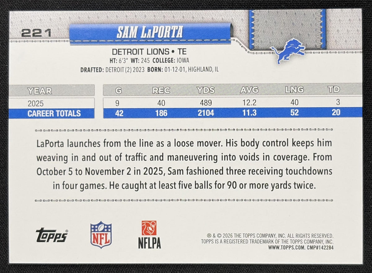 Sam LaPorta 2026 Topps Crackle Foil Lions back