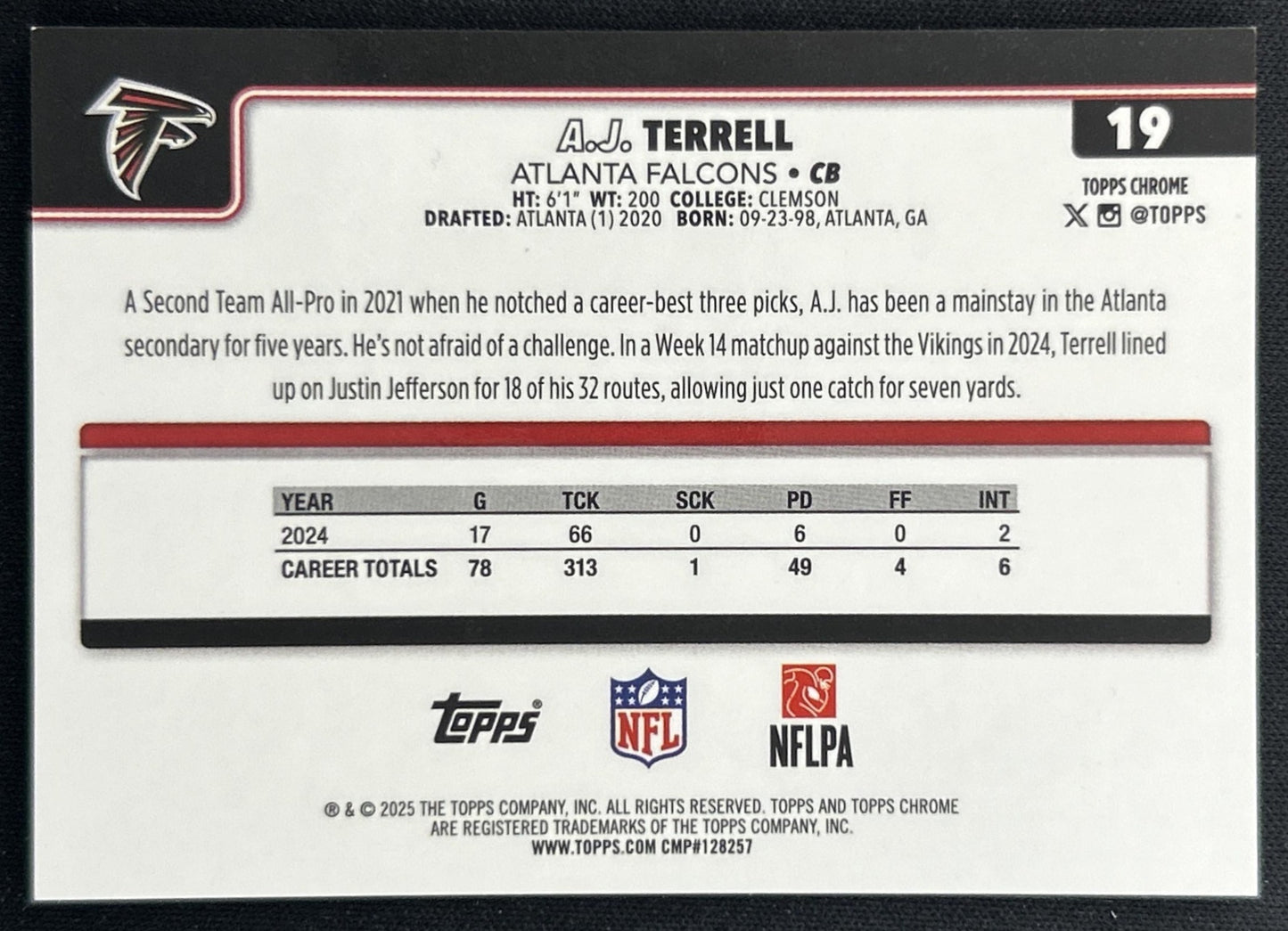 A.J. Terrell 2025 Topps Chrome Yellow Wave Refractor /275 Falcons