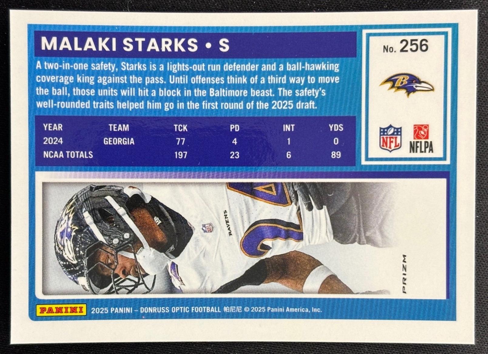 Malaki Starks 2025 Donruss Optic Rated Rookie Blue Hyper Prizm Ravens back sports trading card