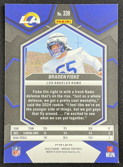 Braden Fiske 2024 Panini Mosaic Camo Pink Prizm Rams Sports Trading Card