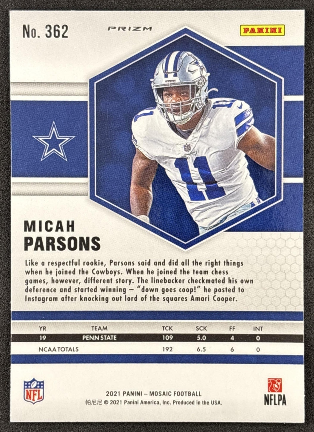 Micah Parsons 2021 Panini Mosaic Prizm Green Cowboys back