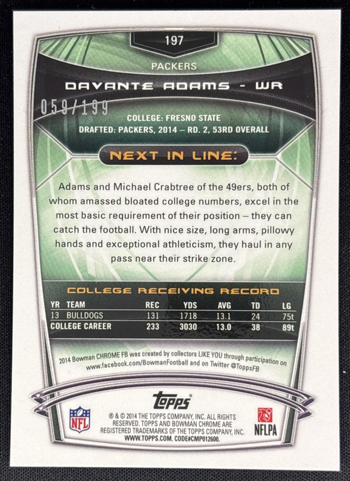 *Damaged* Davante Adams 2014 Bowman Chrome Blue Refractor /199 Packers Sports Trading Cards