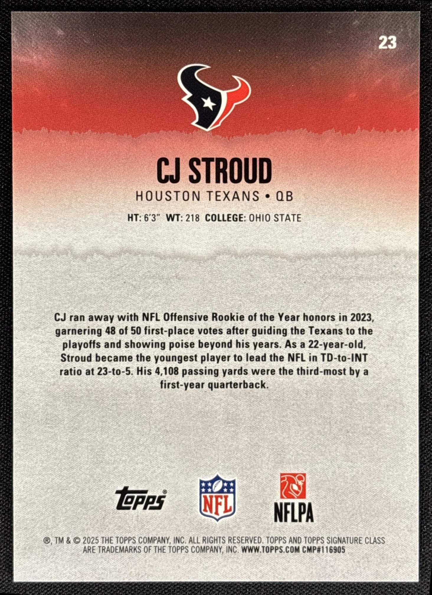 CJ Stroud 2025 Signature Class Chrome Veteran Magenta Refractor /250 Texans