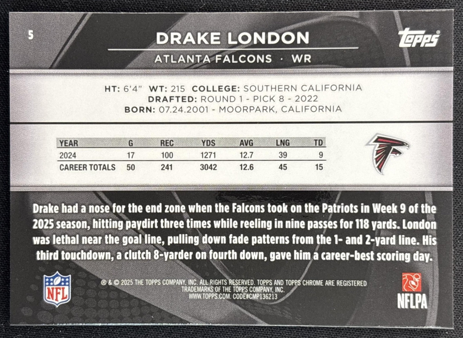 Drake London 2025 Topps Chrome Black Falcons back