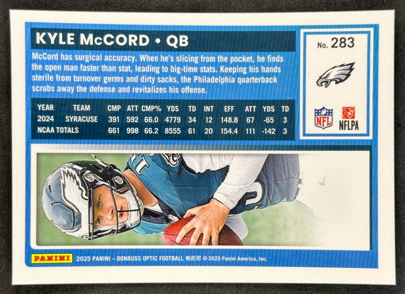 Kyle McCord 2025 Donruss Optic Rated Rookie Eagles Sports Trading Card