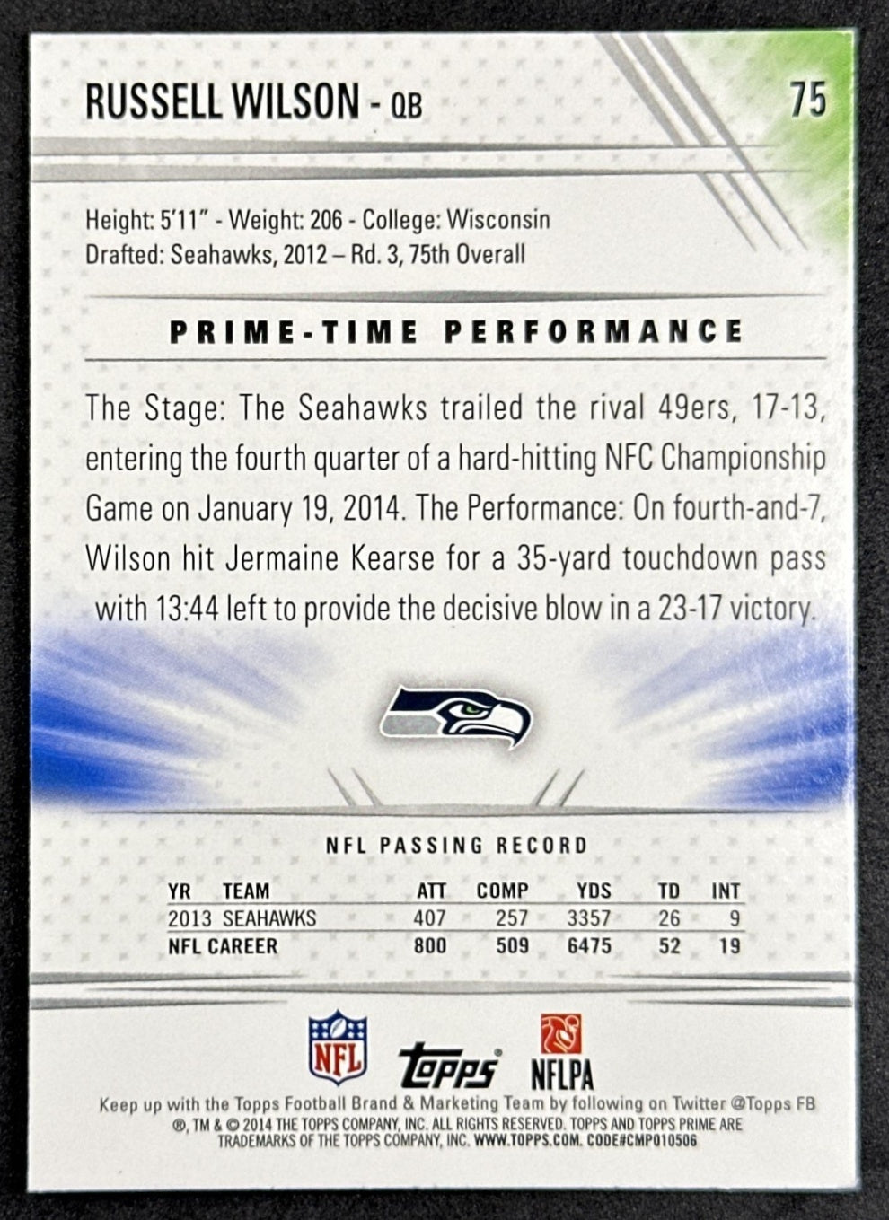Russell Wilson 2014 Topps Prime Seahawks Seattle Seahawks Sports Trading Card