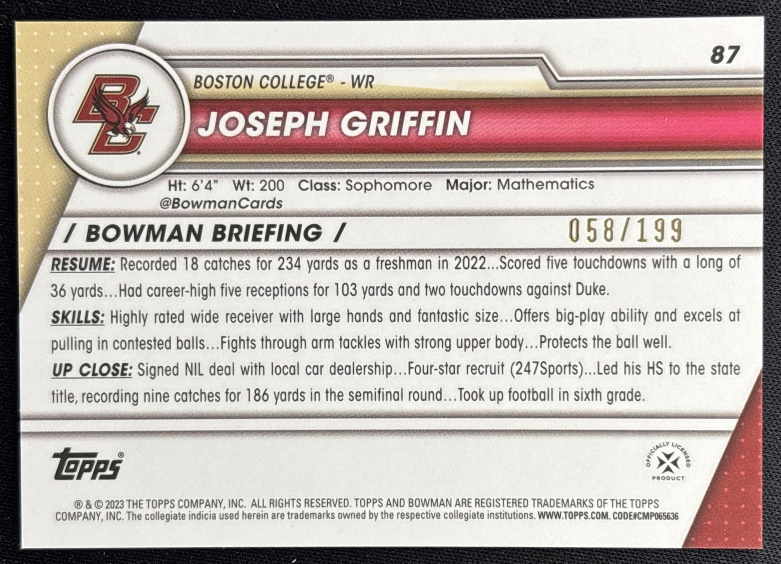 Joseph Griffin 2023 Bowman University Chrome Blue Refractor /199 Eagles back