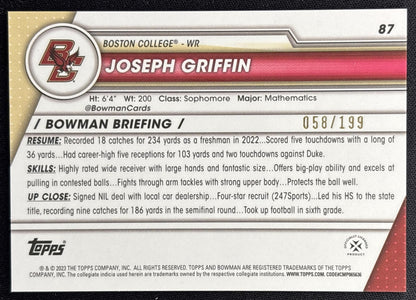 Joseph Griffin 2023 Bowman University Chrome Blue Refractor /199 Eagles back