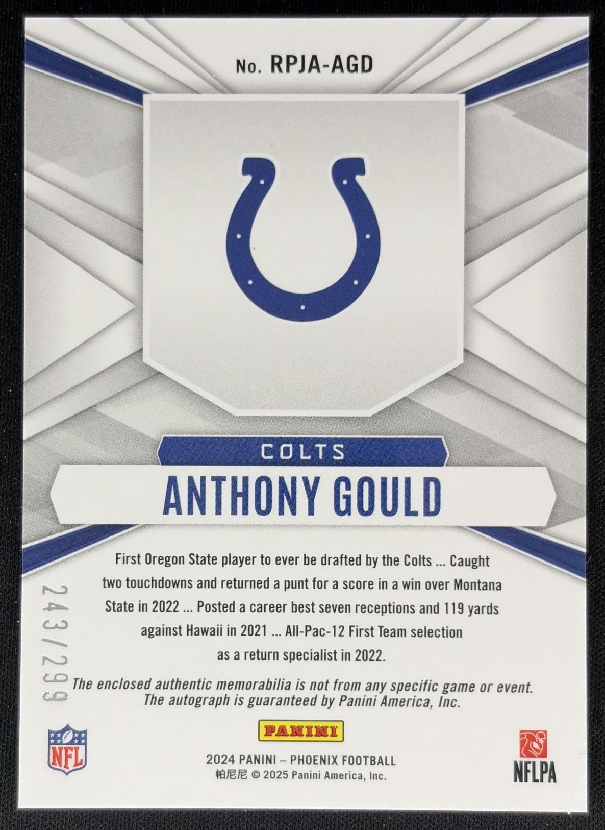 Anthony Gould 2024 Panini Phoenix Rookie Phenoms Jersey Auto /299 Colts Back
