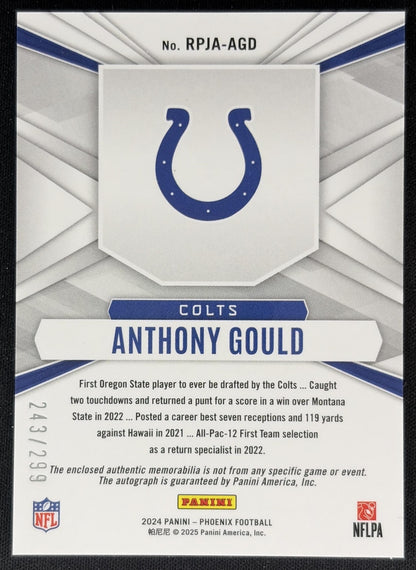 Anthony Gould 2024 Panini Phoenix Rookie Phenoms Jersey Auto /299 Colts Back