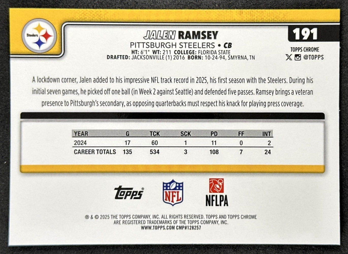Jalen Ramsey 2025 Topps Chrome Sapphire Steelers back