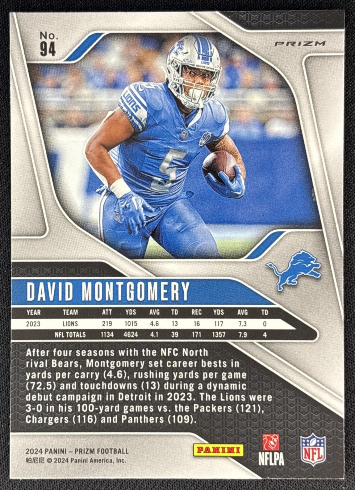 David Montgomery 2024 Panini Prizm Lazer Lions back
