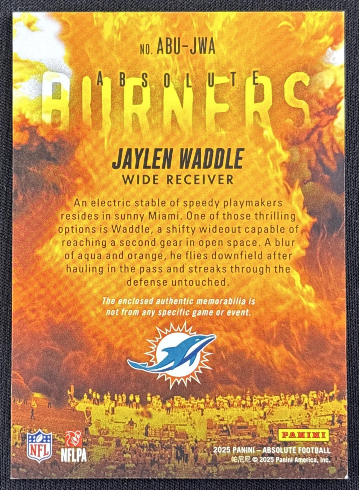 Jaylen Waddle 2025 Panini Absolute Burners Dolphins