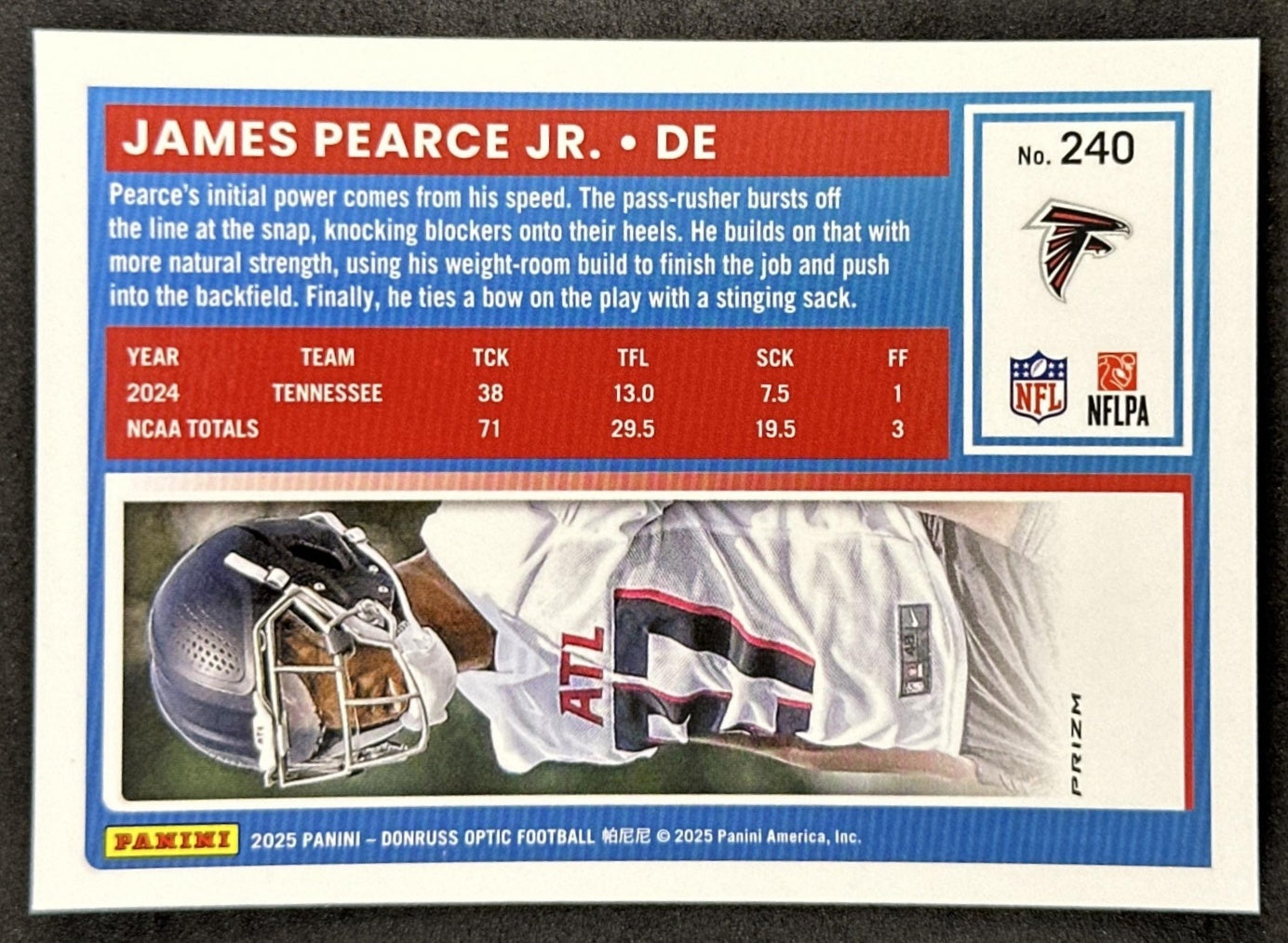 James Pearce Jr. 2025 Panini Donruss Optic Rated Rookie Stars Prizm Falcons Sports Trading Card