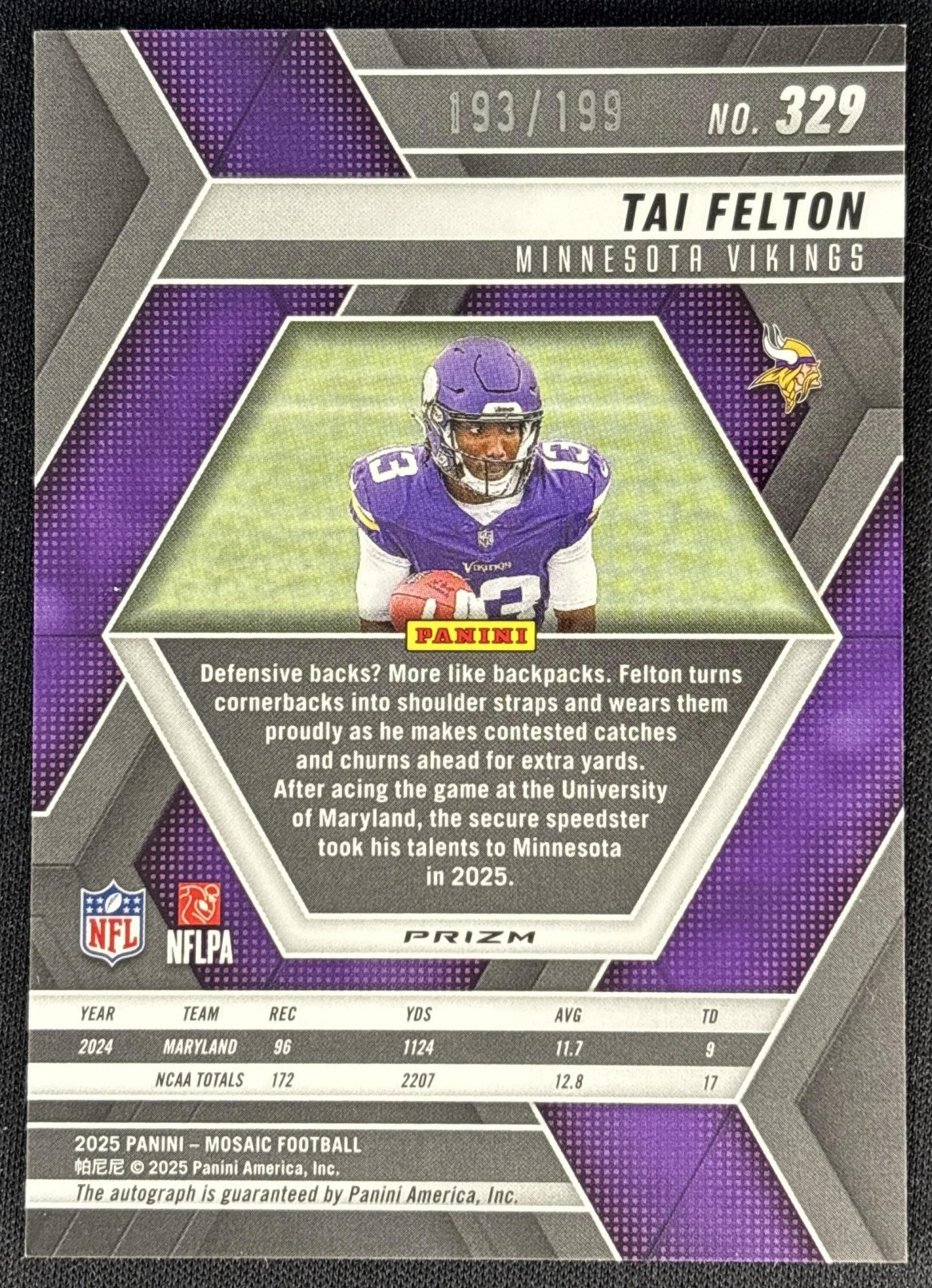 Tai Felton 2025 Panini Mosaic Rookie Auto Red Prizm /199 Vikings