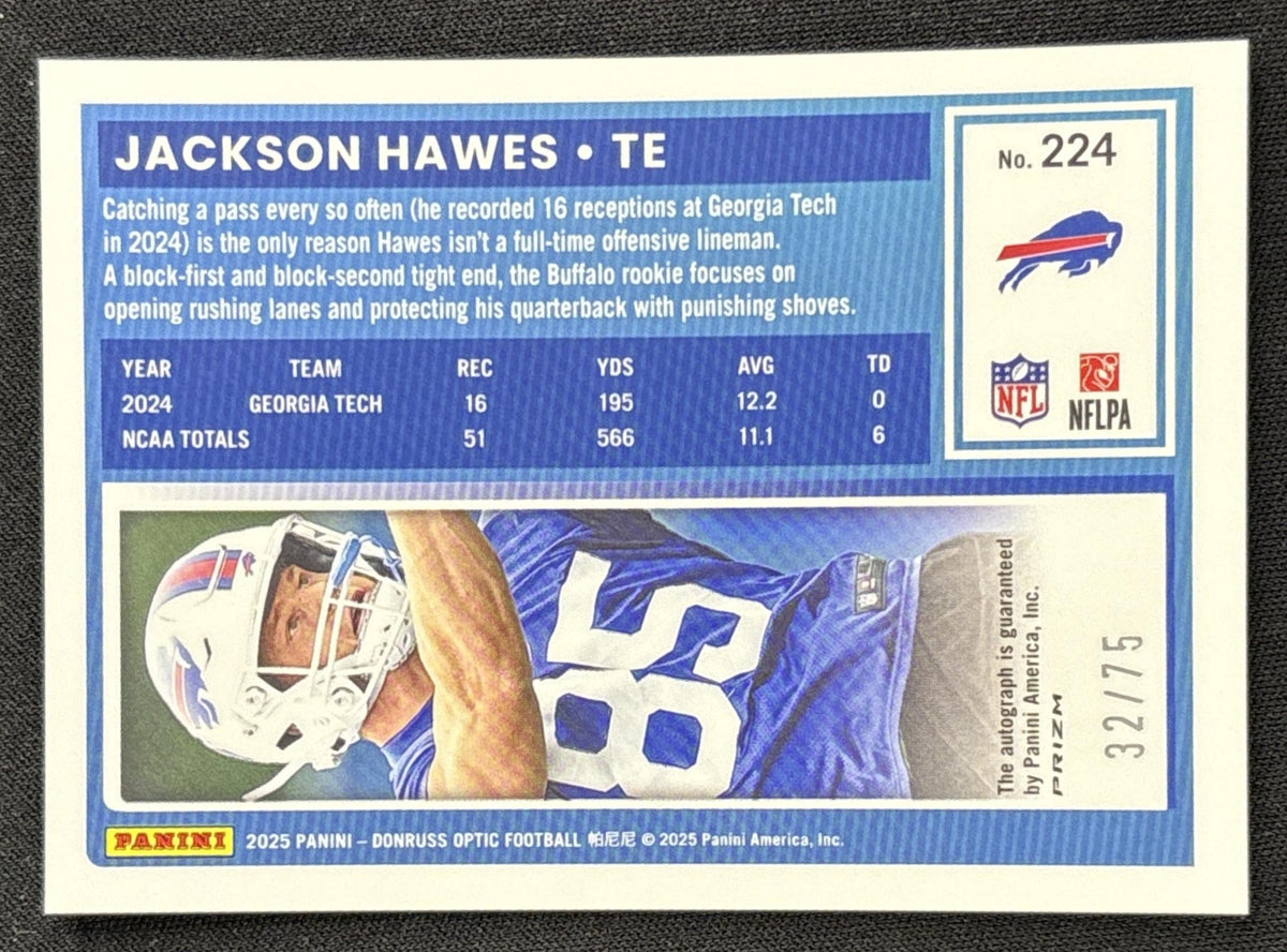 Jackson Hawes 2025 Panini Donruss Optic Rated Rookie Auto Pink Velocity Prizm /75 Bills Sports Trading Card