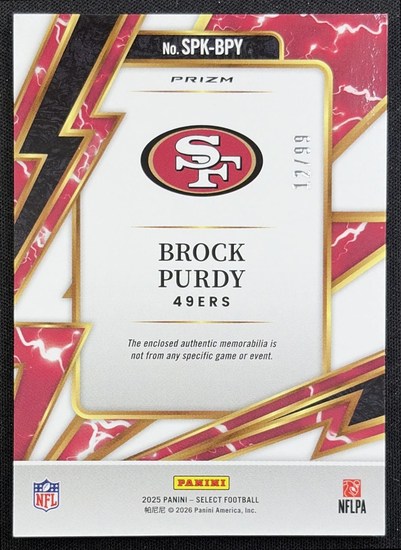Brock Purdy 2025 Panini Select Sparks White Prizm /99 49ers