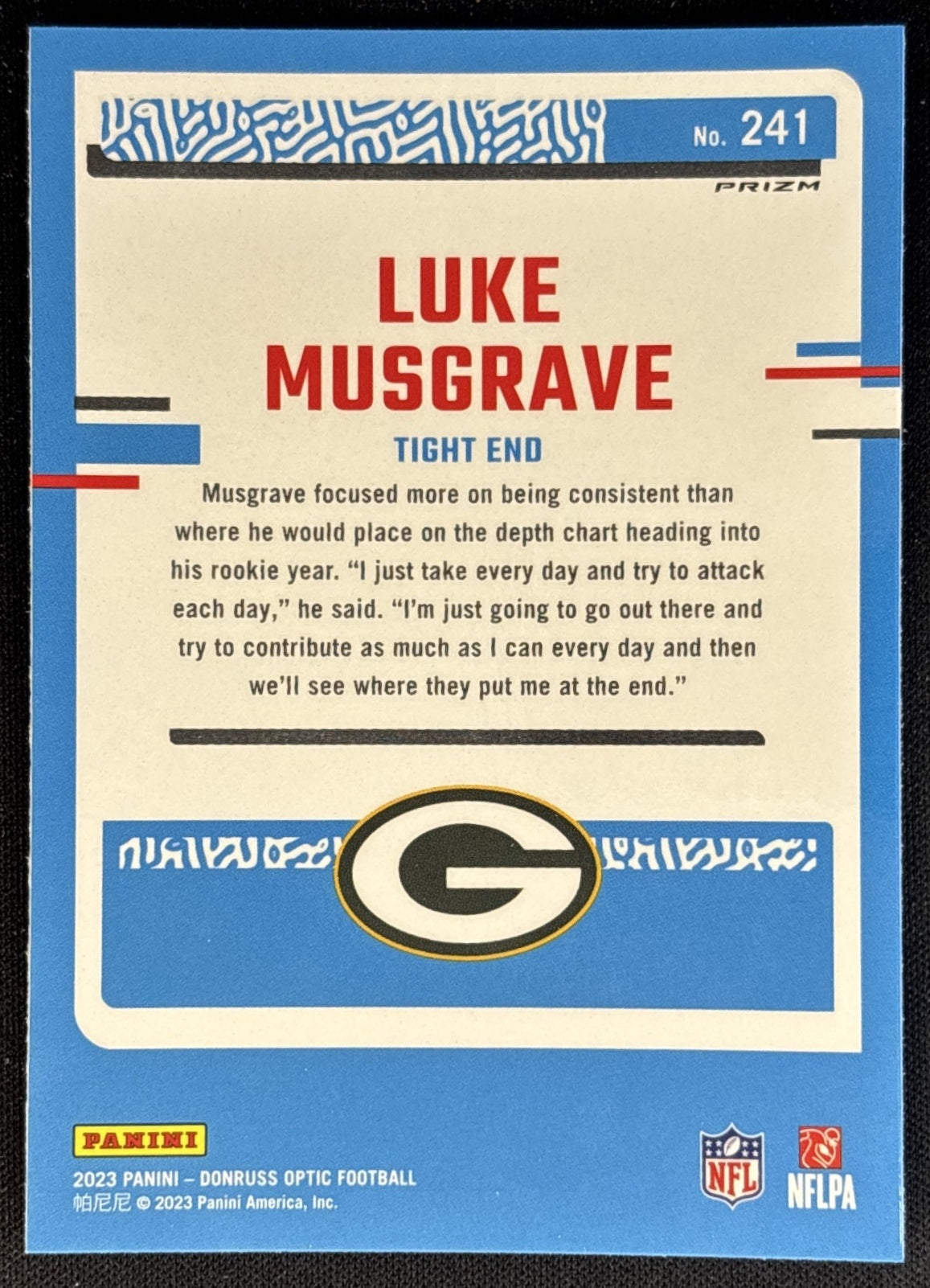 Luke Musgrave 2023 Panini Donruss Optic Blue Scope Prizm Packers