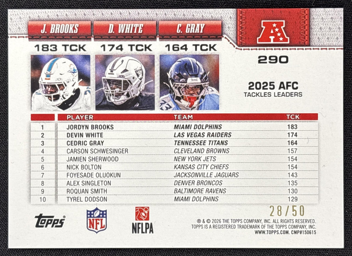 Devin White Jordyn Brooks Cedric Gray 2026 Topps Gold Diamante Foil /50