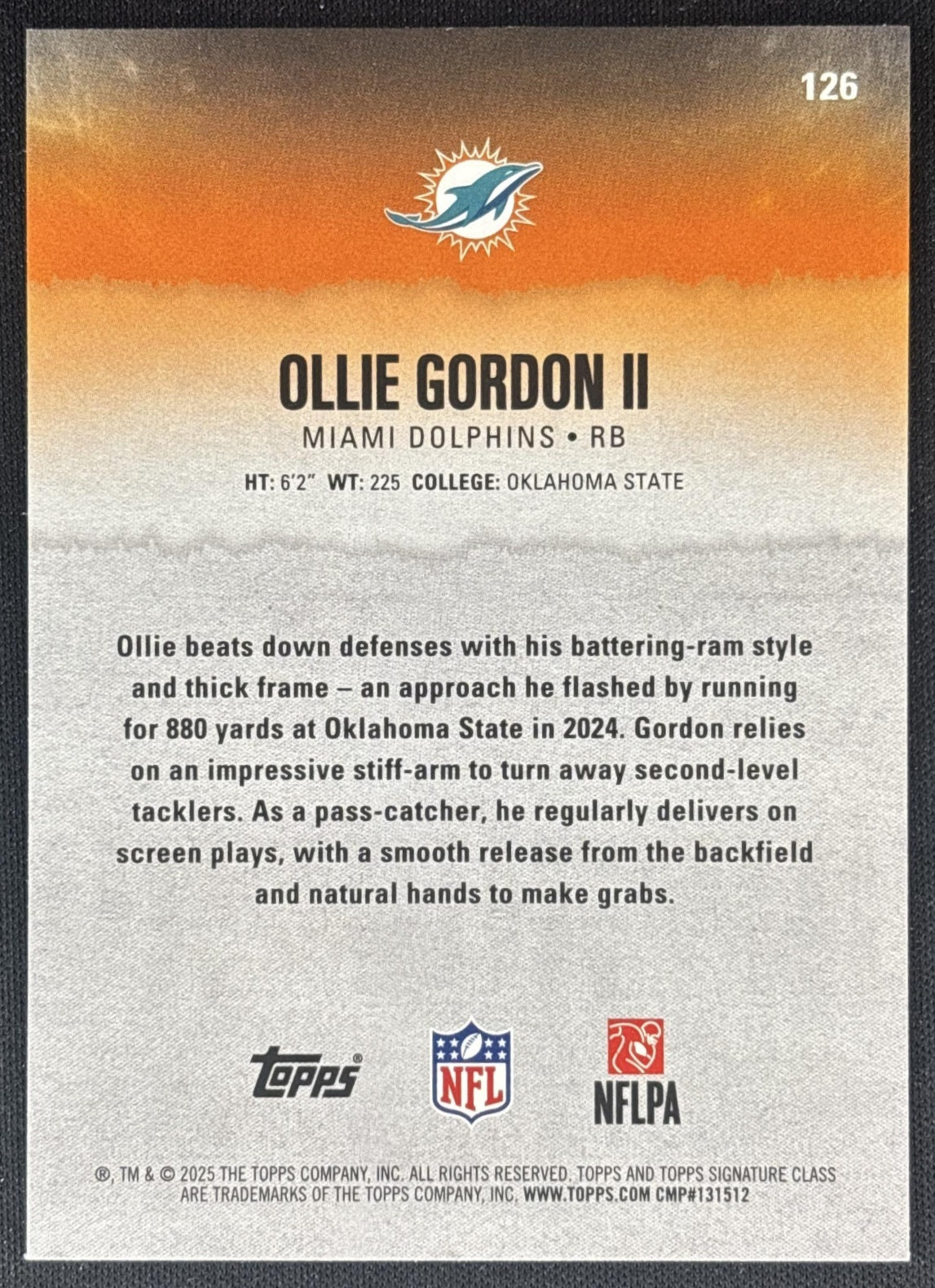 Ollie Gordon II 2025 Topps Signature Class Rookie Green & Purple Foil Dolphins back
