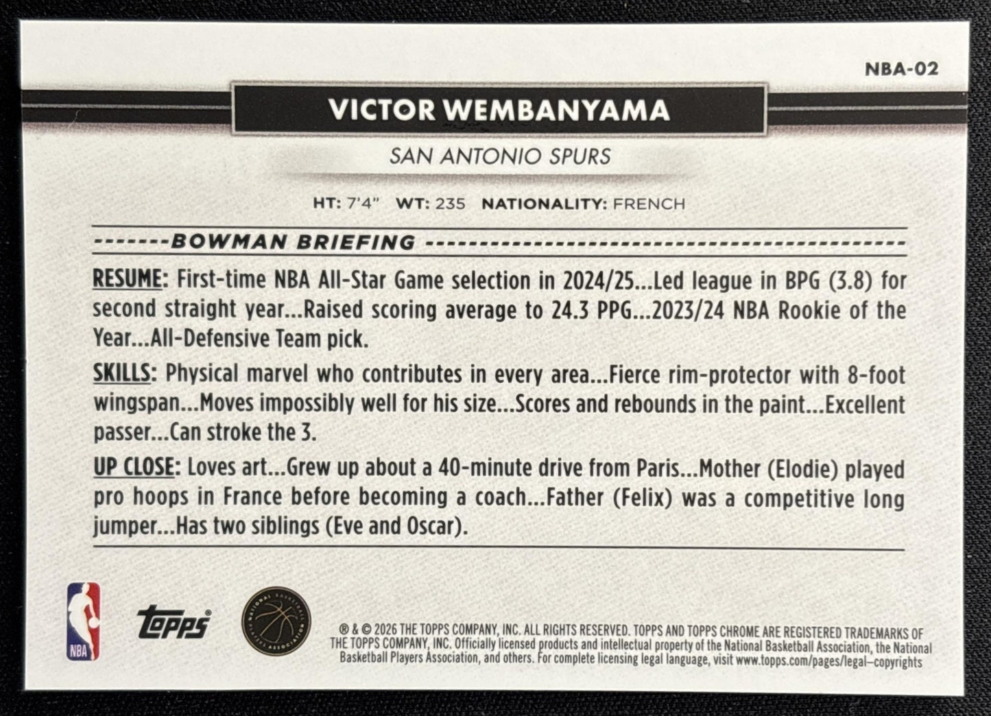 Victor Wembanyama 2026 Topps NSCC Collection NBA Gold Refractor /50