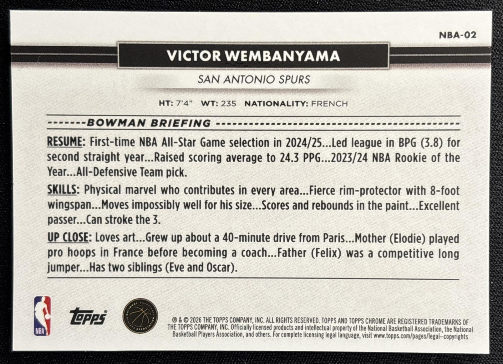 Victor Wembanyama 2026 Topps NSCC Collection NBA Gold Refractor /50