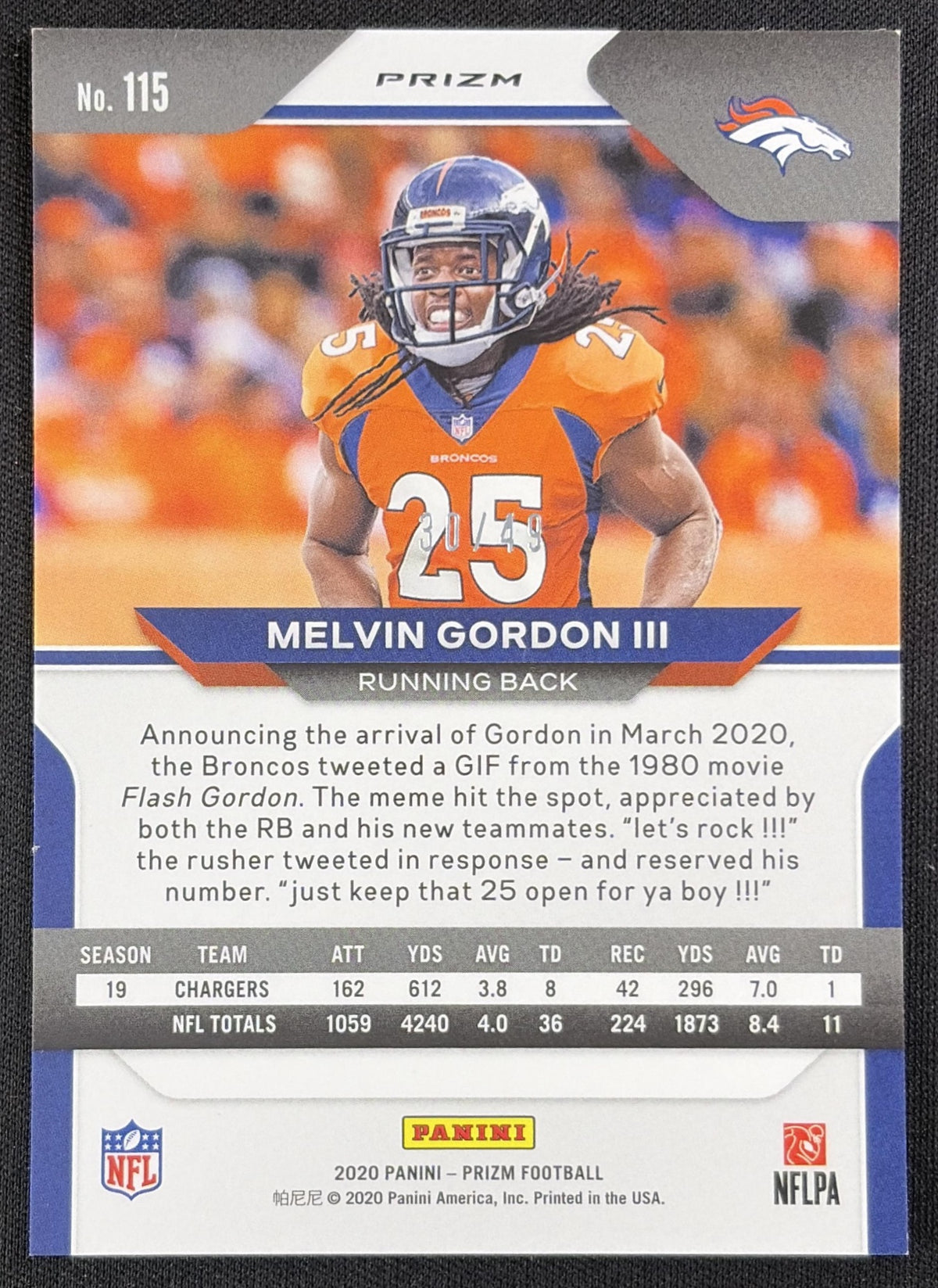 Melvin Gordon III 2020 Panini Prizm Red and Yellow /49 Broncos