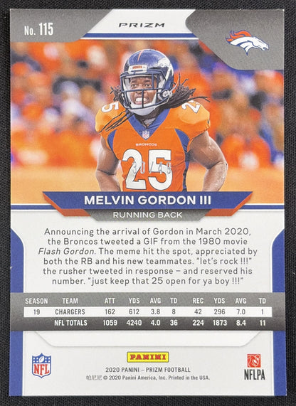 Melvin Gordon III 2020 Panini Prizm Red and Yellow /49 Broncos