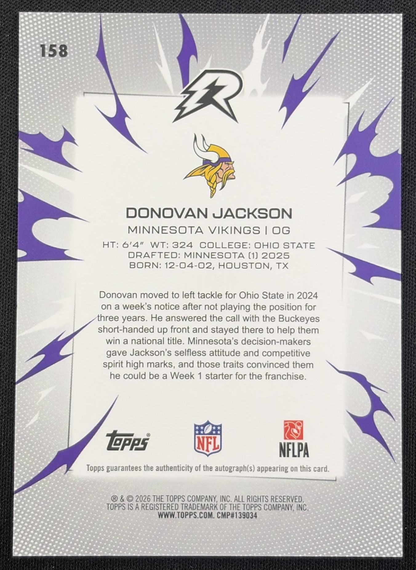 Donovan Jackson 2025 Topps Resurgence Rookie Signatures Silver Static Refractor Vikings Minnesota Vikings