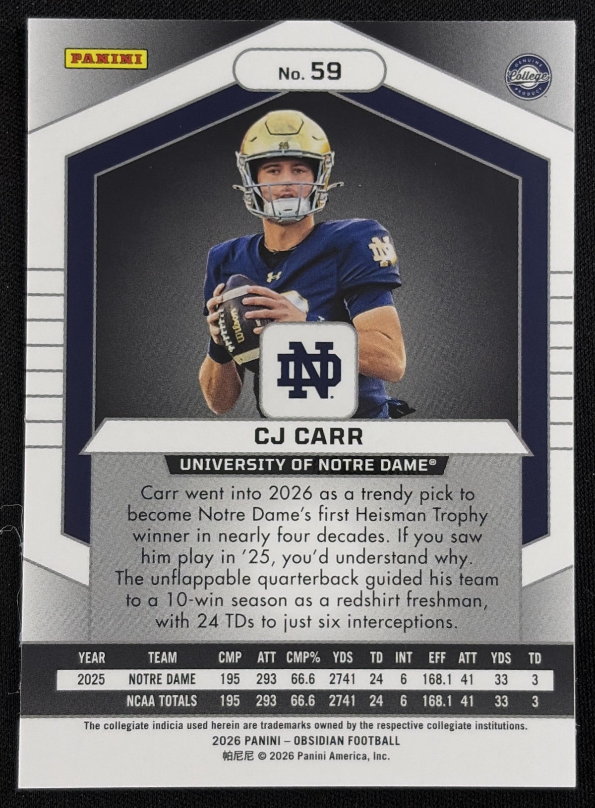 CJ Carr 2026 Panini Obsidian Fighting Irish