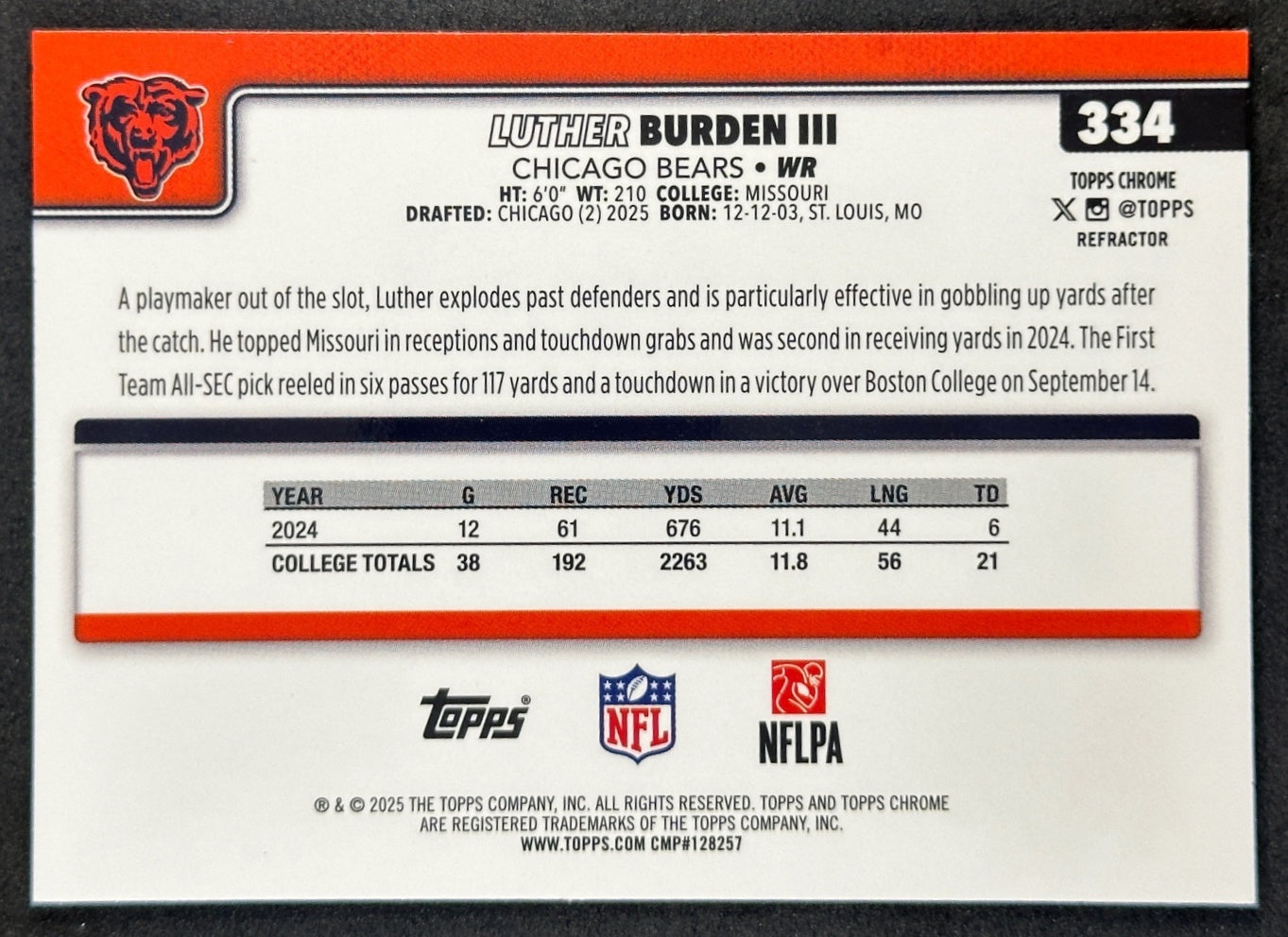 Luther Burden III 2025 Topps Chrome Rookie Refractor Bears Sports Trading Cards