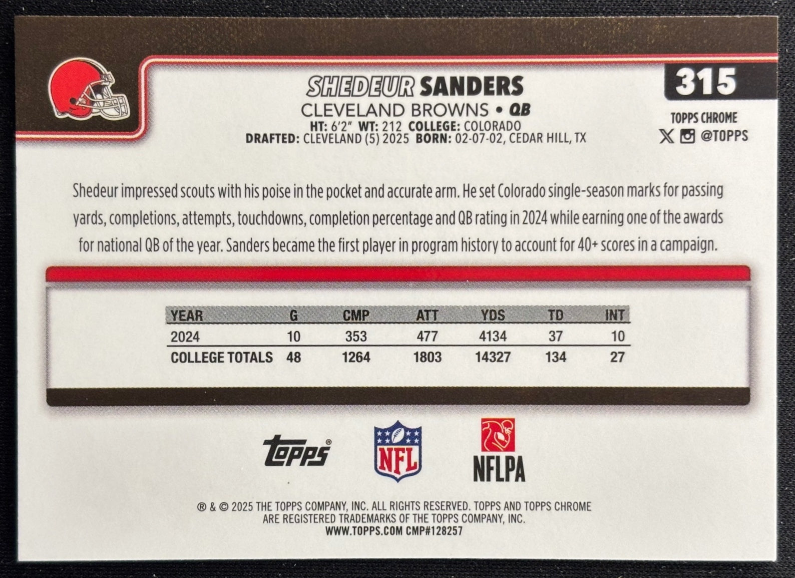 Shedeur Sanders 2025 Topps Chrome Rookie Browns Sports Trading Cards
