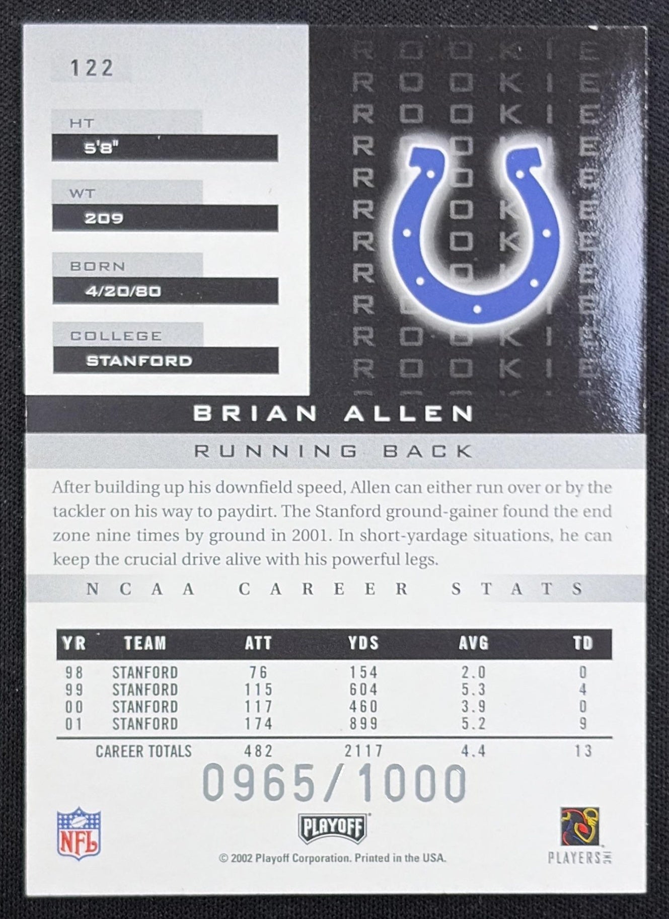 Brian Allen 2002 Playoff Honors /1000 Colts back