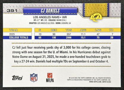 CJ Daniels 2026 Topps Flagship Rookie Rams Sports Trading Cards