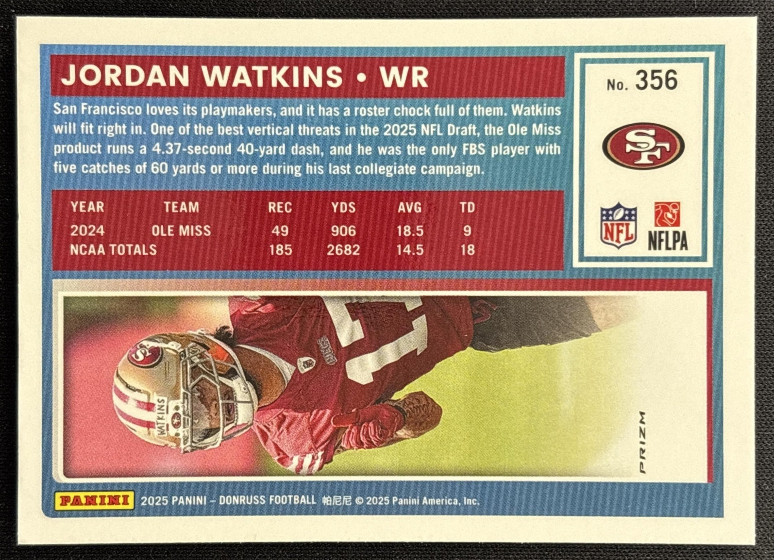 Jordan Watkins 2025 Panini Donruss Optic Rated Rookie Preview Pink 49ers - Back