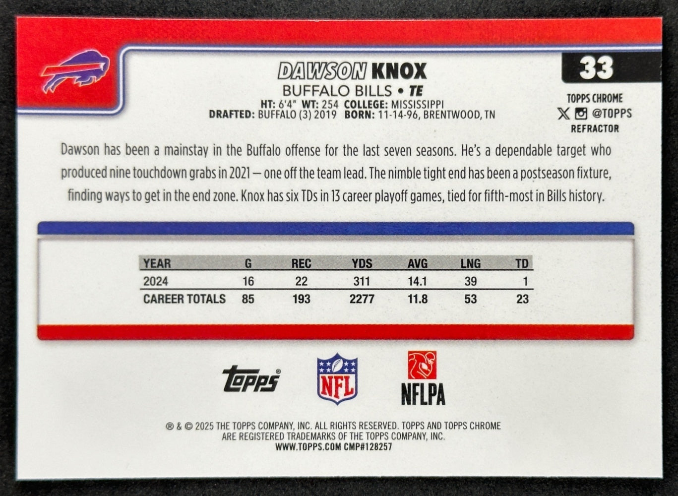 Dawson Knox 2025 Topps Chrome Refractor Bills Sports Trading Cards