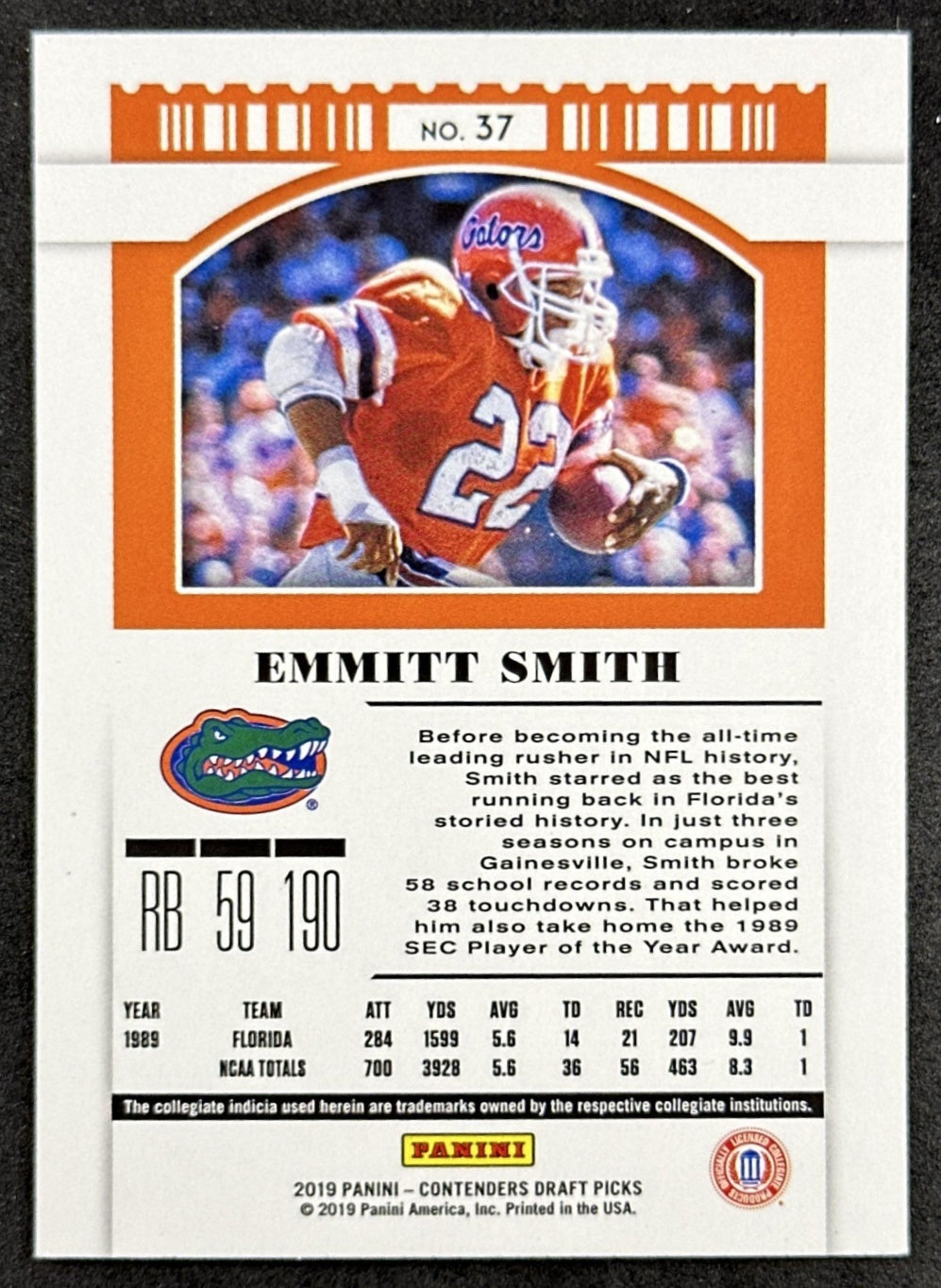 Emmitt Smith 2019 Panini Contenders Draft Picks Gators Cowboys back sports trading card