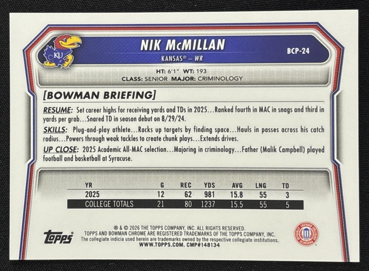Nik McMillan 2026 Bowman Chrome Prospects Gold Mojo Refractor /50 Jayhawks - Back
