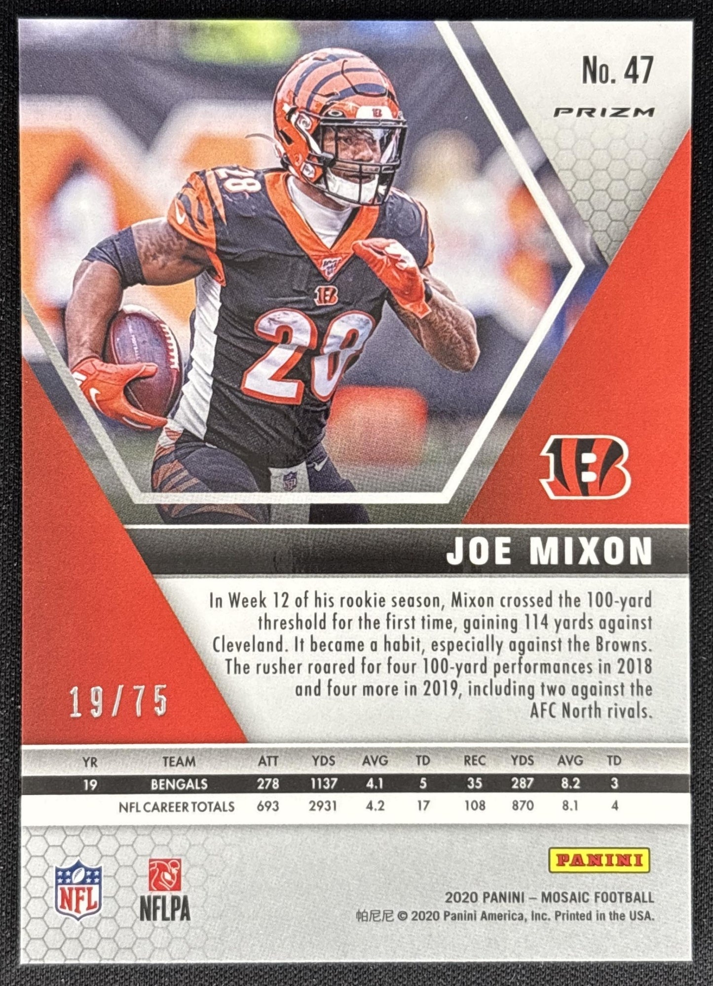 Joe Mixon 2020 Panini Mosaic No Huddle Prizm Blue /75 Bengals